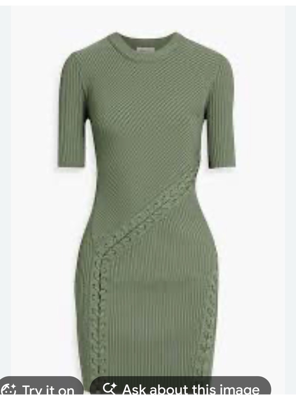 Simkhai Ribbed Olive Green Short-Sleeve Midi Dress with Braid Detail